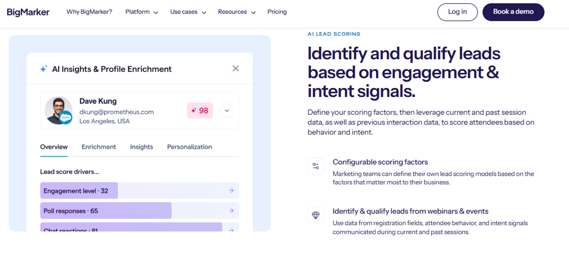 BigMarker AI lead scoring dashboard showing engagement and intent signal tracking