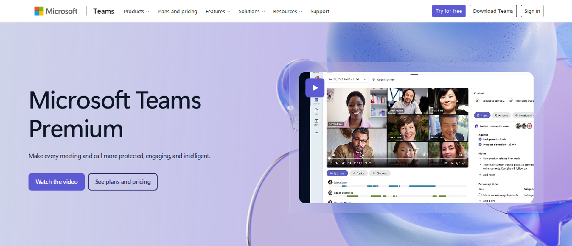 Microsoft Teams Premium page with its headline beside a Teams meeting window showing a grid of video participants