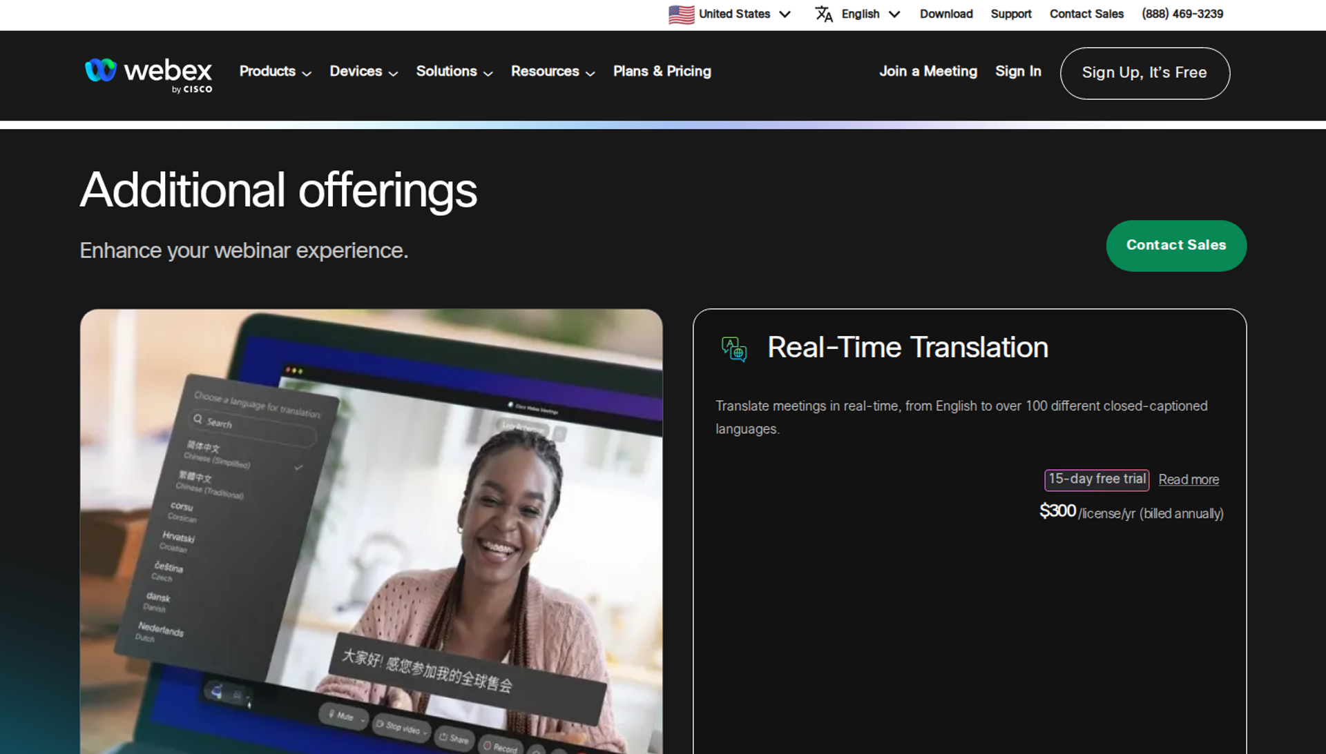 Webex Webinars additional offerings section showing real-time translation captions over a speaker in a webinar