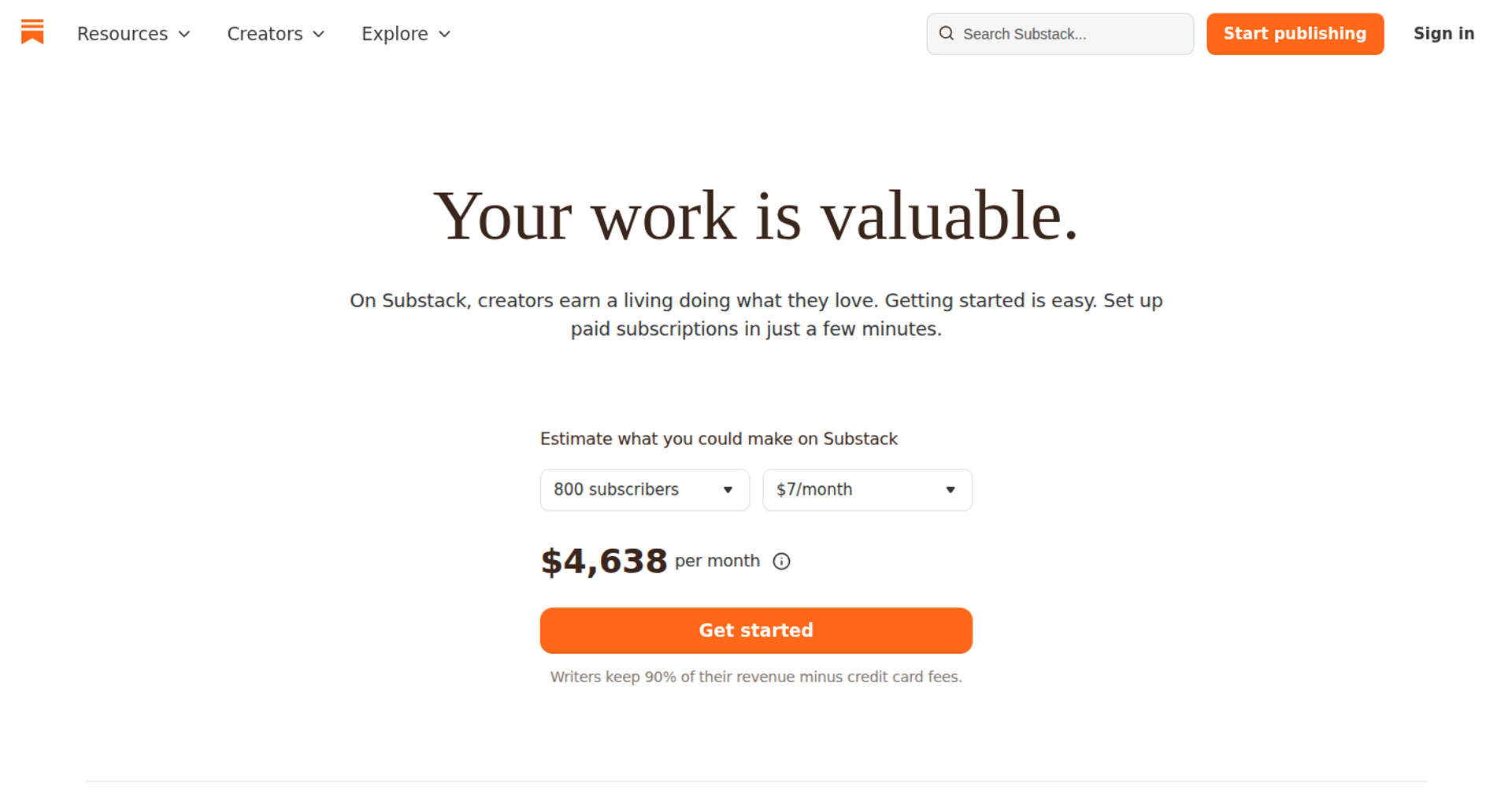 Substack going paid page with a revenue calculator estimating monthly earnings from paid subscribers