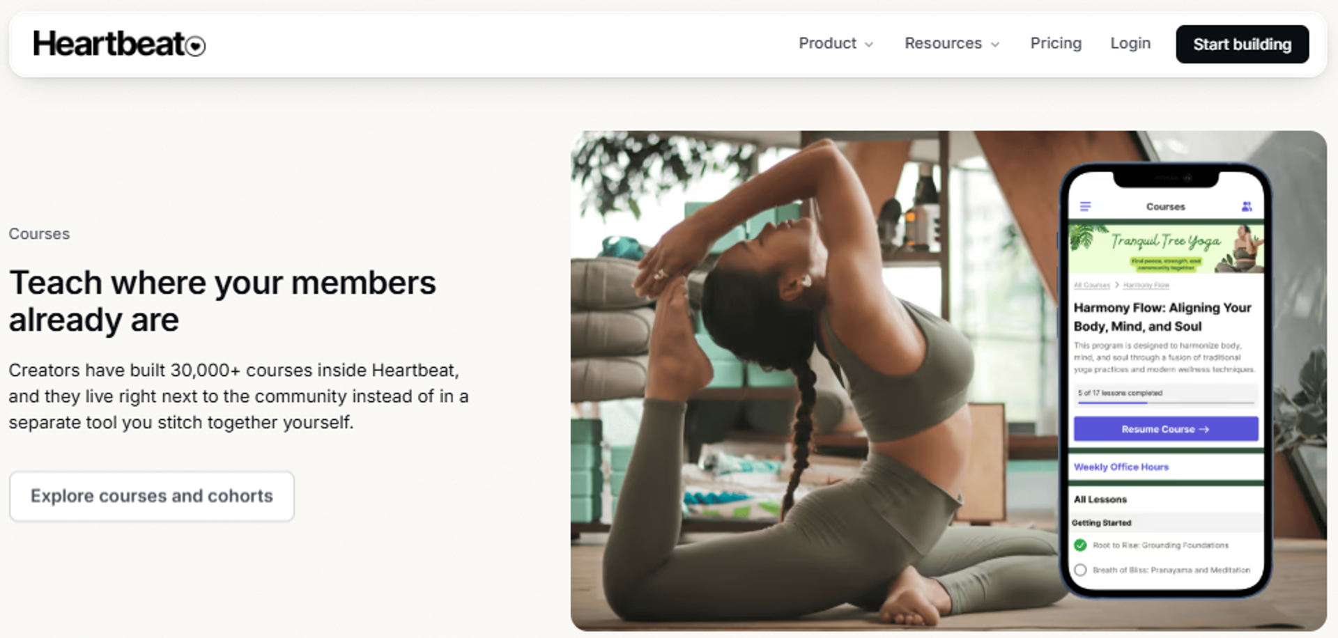 Heartbeat course page showing a yoga lesson beside a mobile community course interface