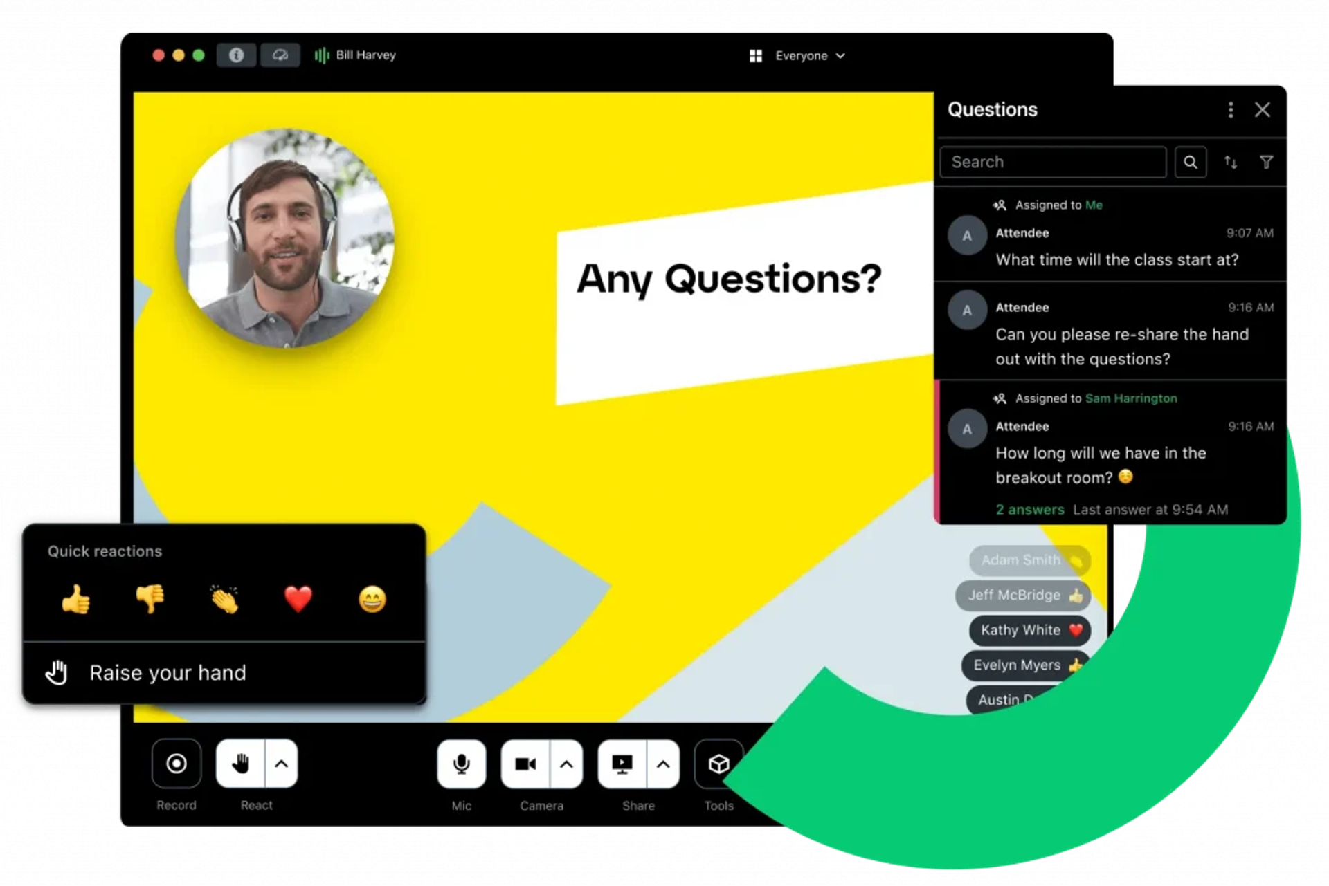 GoTo Webinar enterprise training console with GoToStage library, breakout rooms, and attendance certificates.