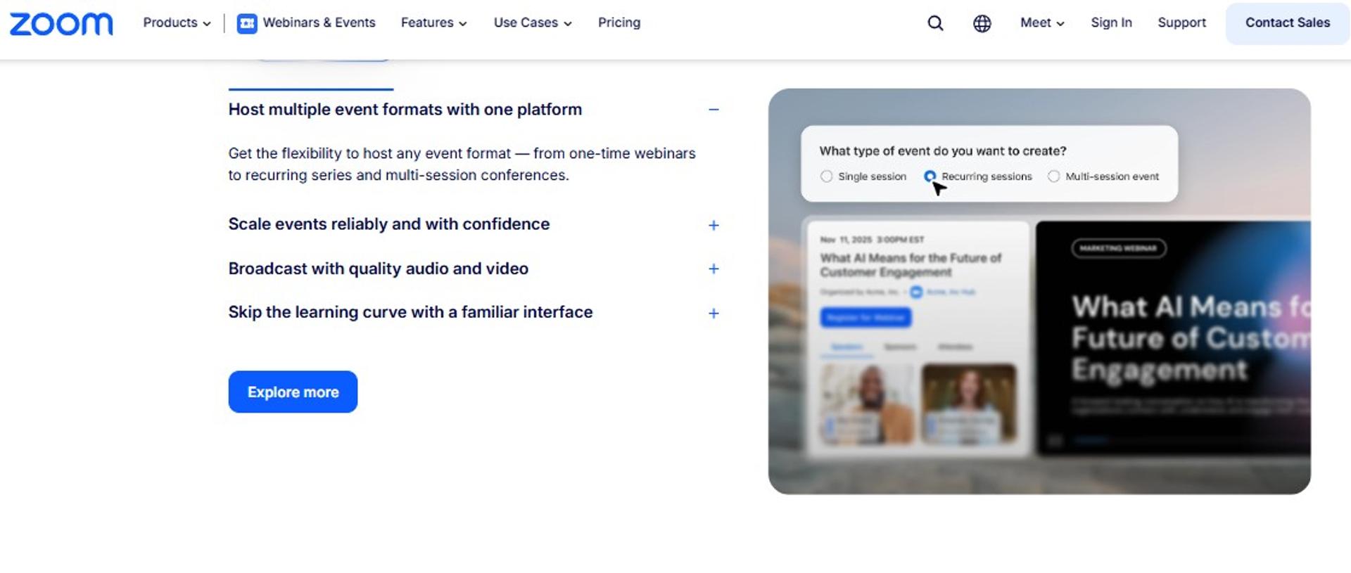 Zoom Webinars and Events setup offering single session, recurring sessions, or multi-session event formats