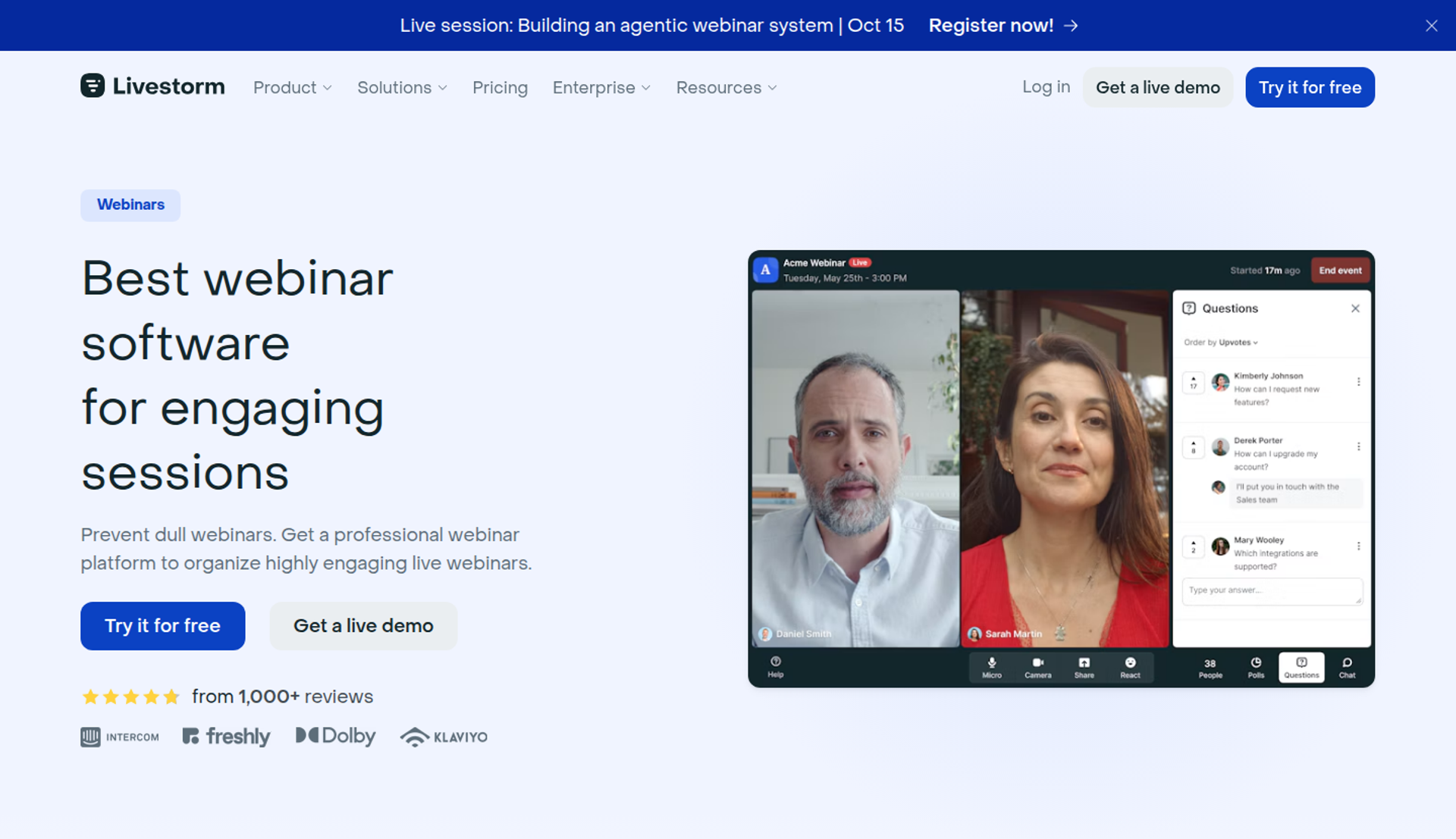 Livestorm webinar software page with headline on the left and a live webinar room with a Questions panel on the right