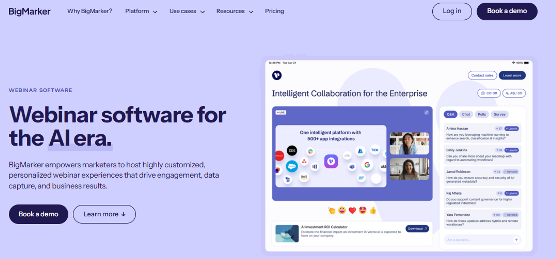 BigMarker homepage promoting AI-era webinar software with 500+ integrations, live Q&A, polls, and captions
