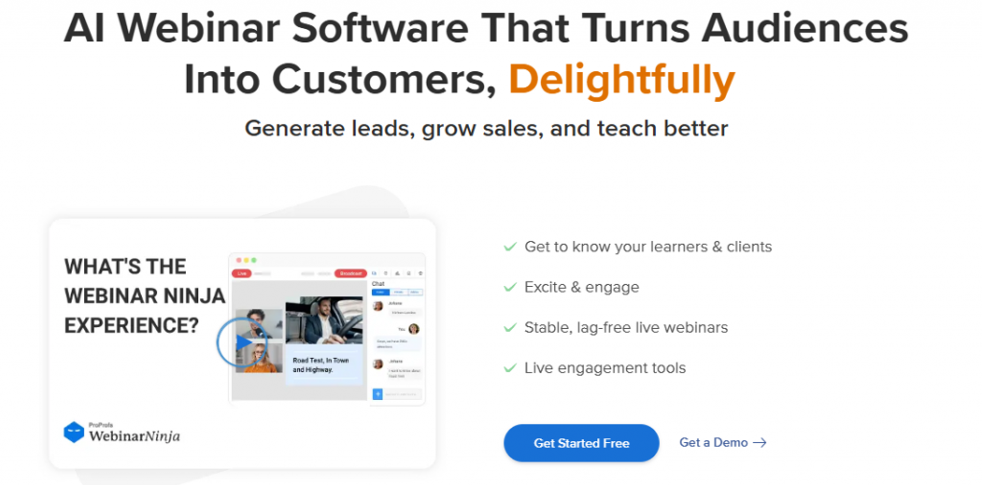 WebinarNinja homepage promoting AI webinar software with live engagement and lead generation tools
