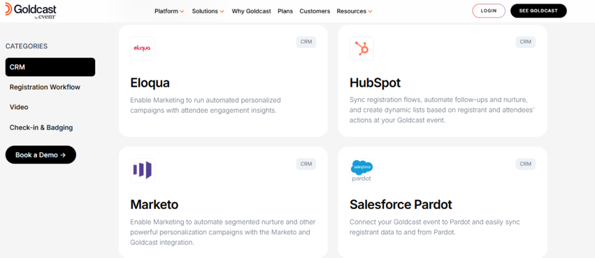 Goldcast CRM integrations page featuring Eloqua, HubSpot, Marketo, and Salesforce Pardot connections
