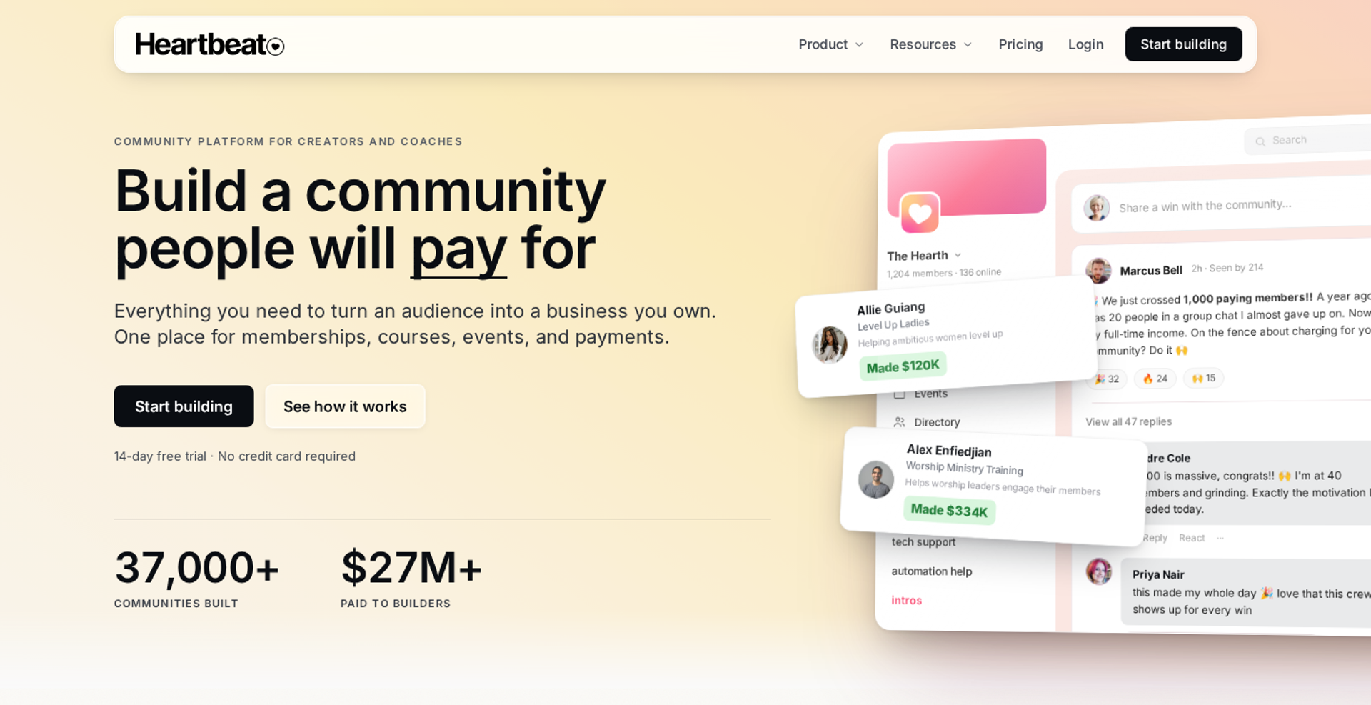 Heartbeat homepage headline about paid communities beside app cards, with 37,000+ communities and $27M+ paid to builders