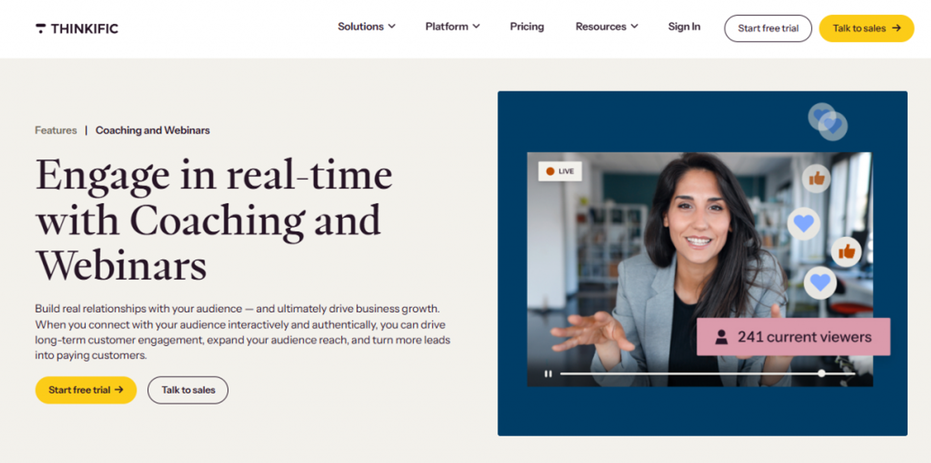 Thinkific Coaching and Webinars feature page showing a live session with real-time viewer engagement reactions