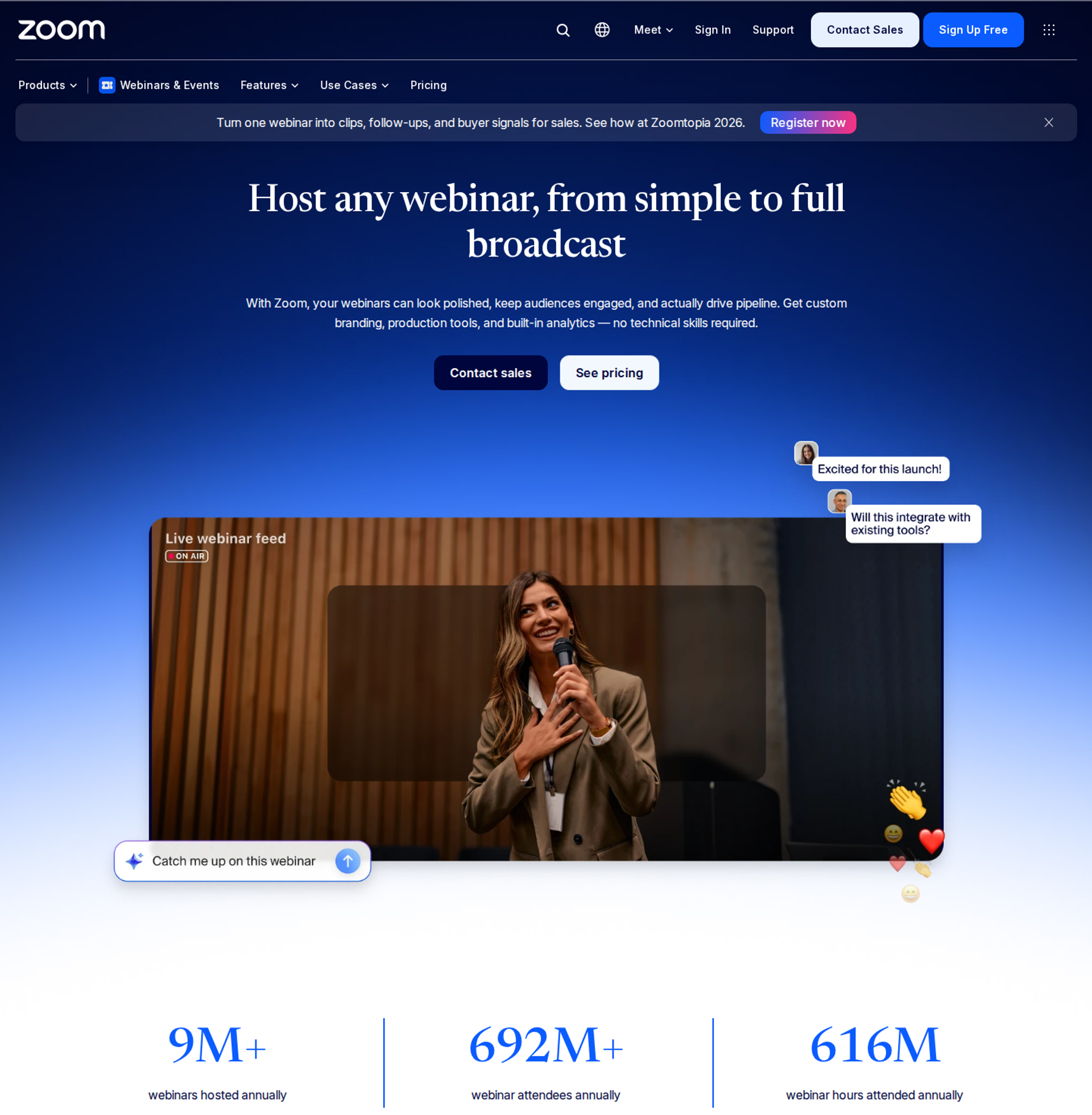 Zoom Webinars page headline Host any webinar, from simple to full broadcast above a live webinar feed and attendee stats