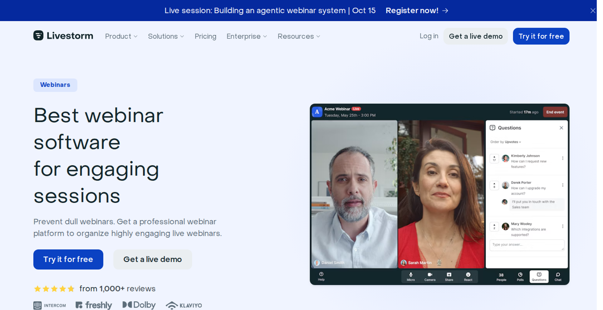 Livestorm webinar software page with the headline Best webinar software beside a two-speaker webinar room with chat