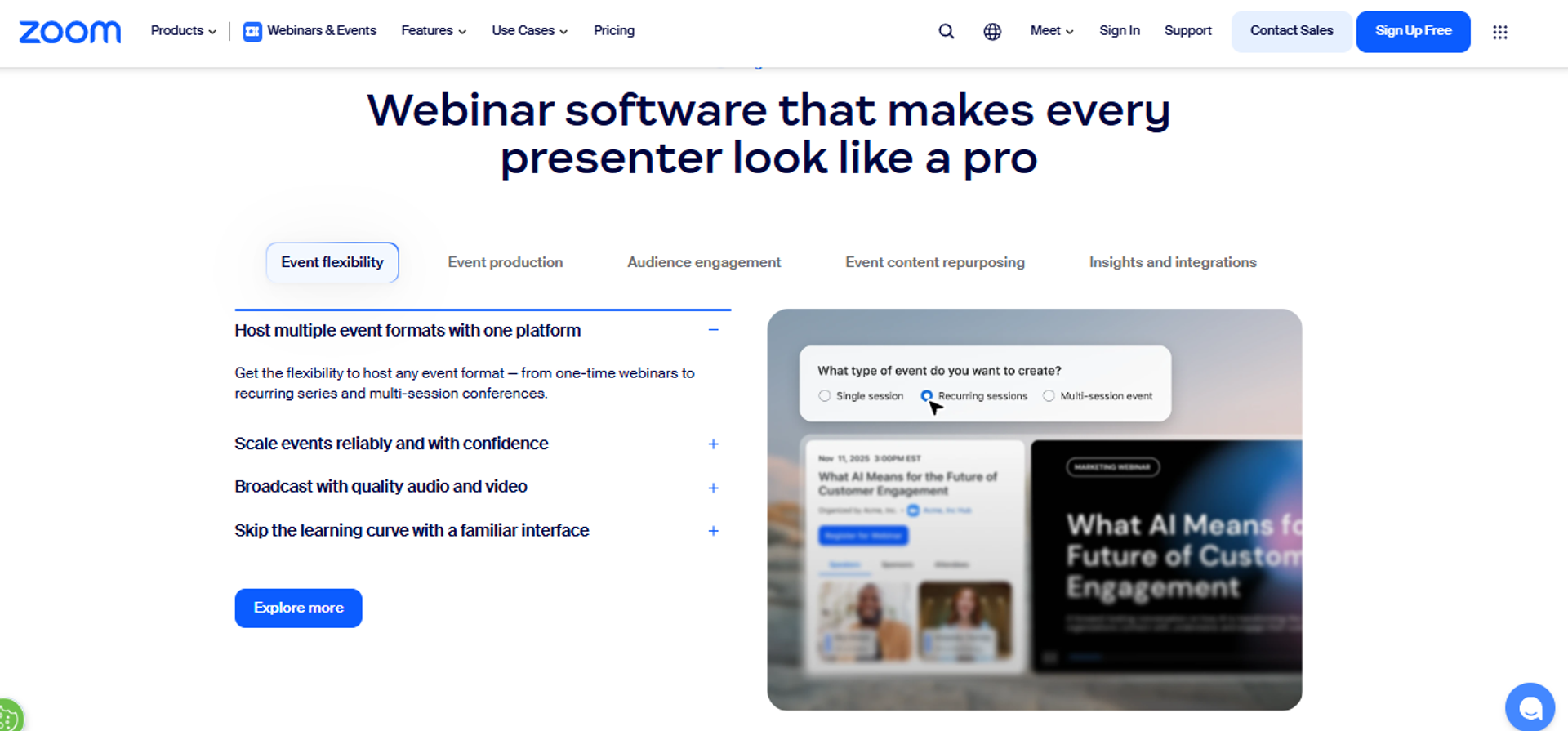 Zoom Webinars event flexibility tab showing single and multi-session event options