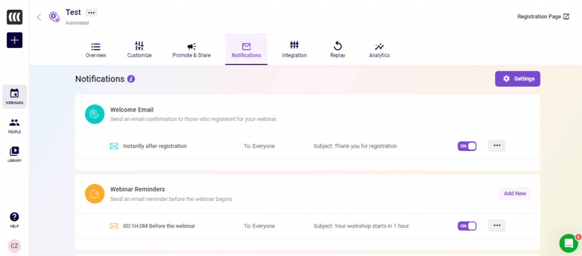 EasyWebinar Email Notification Dashboard