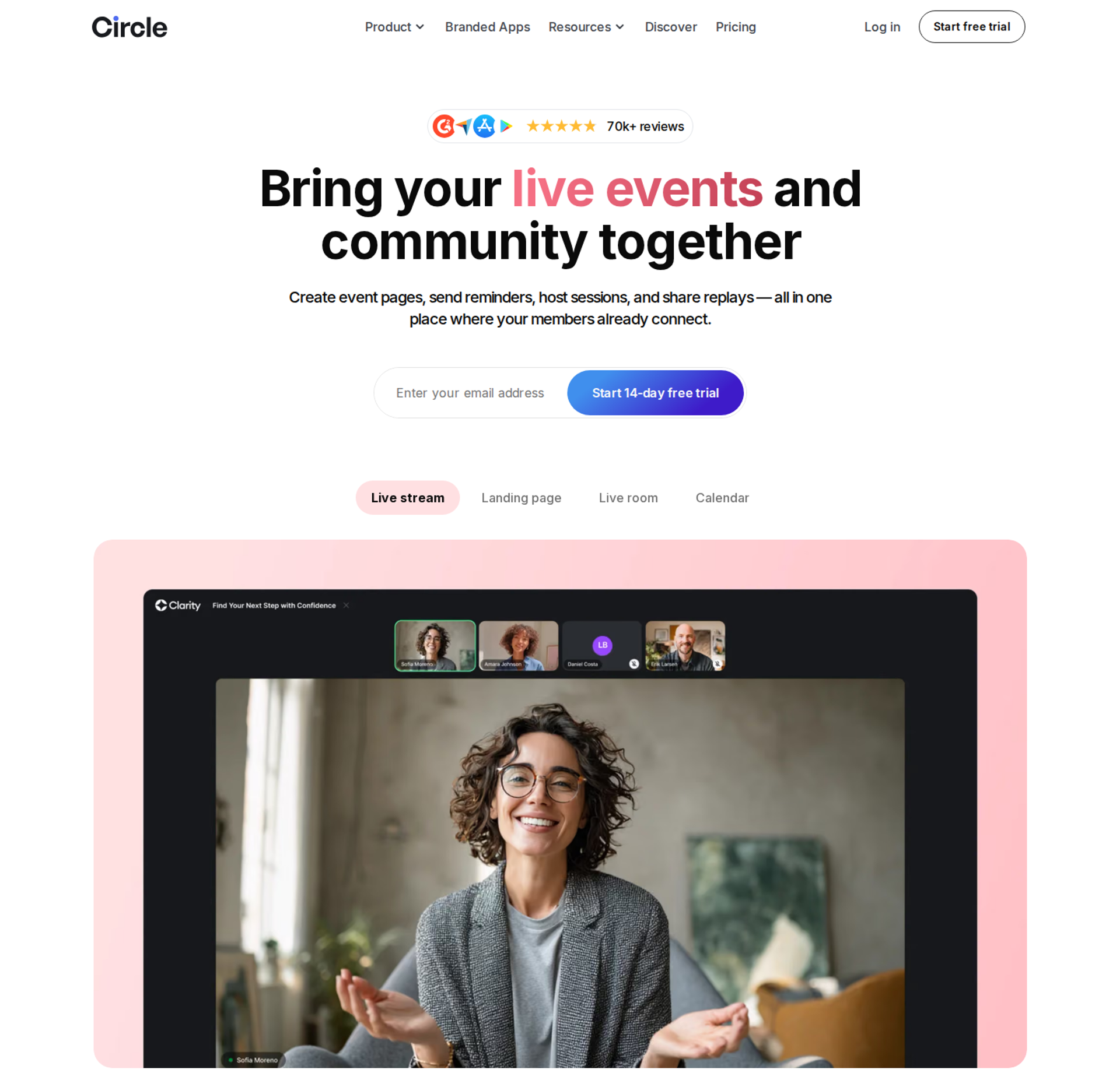 Circle events headline above a live stream window with a host and four participant tiles