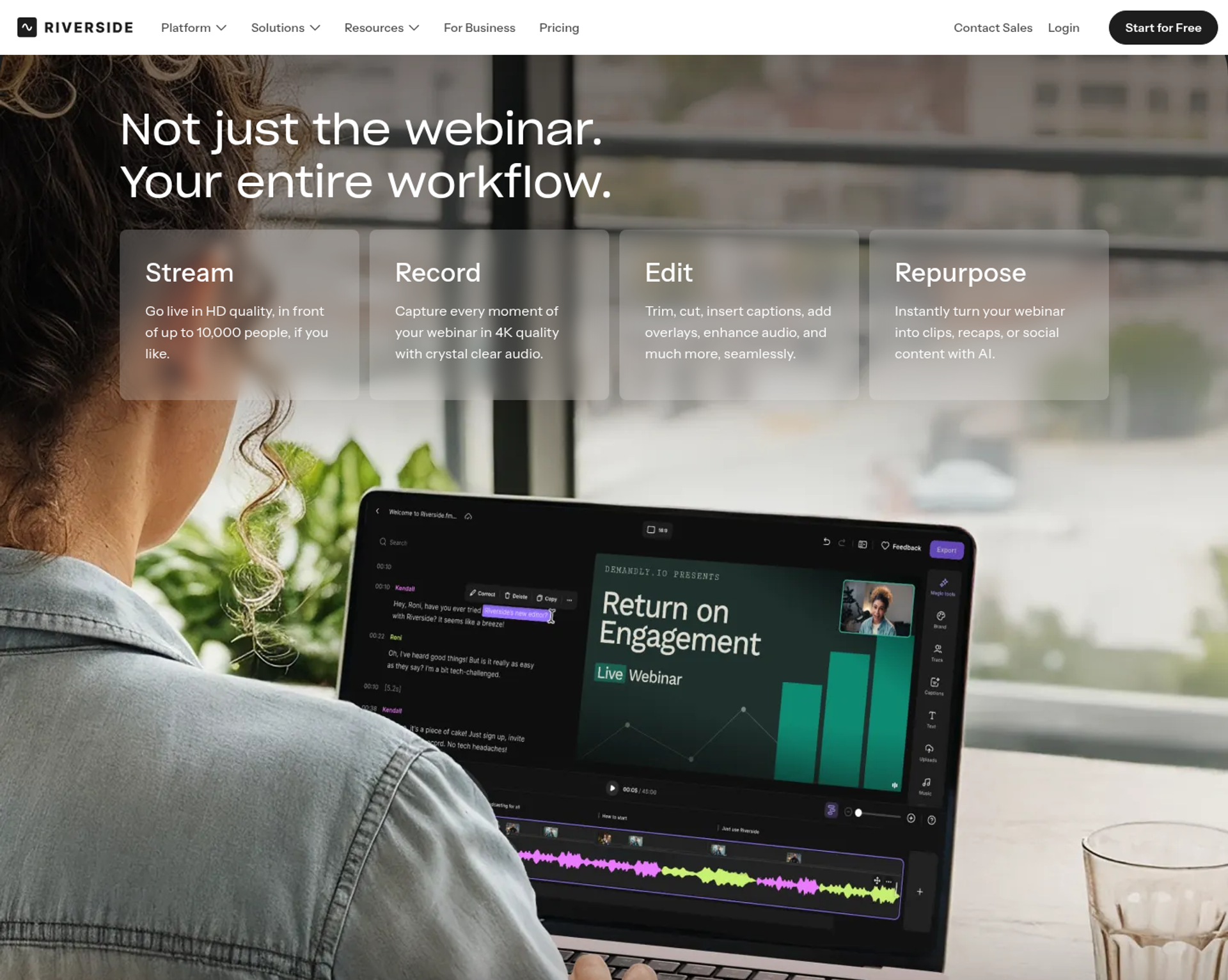 Riverside webinars page with Stream, Record, Edit, and Repurpose cards over a laptop showing a live webinar