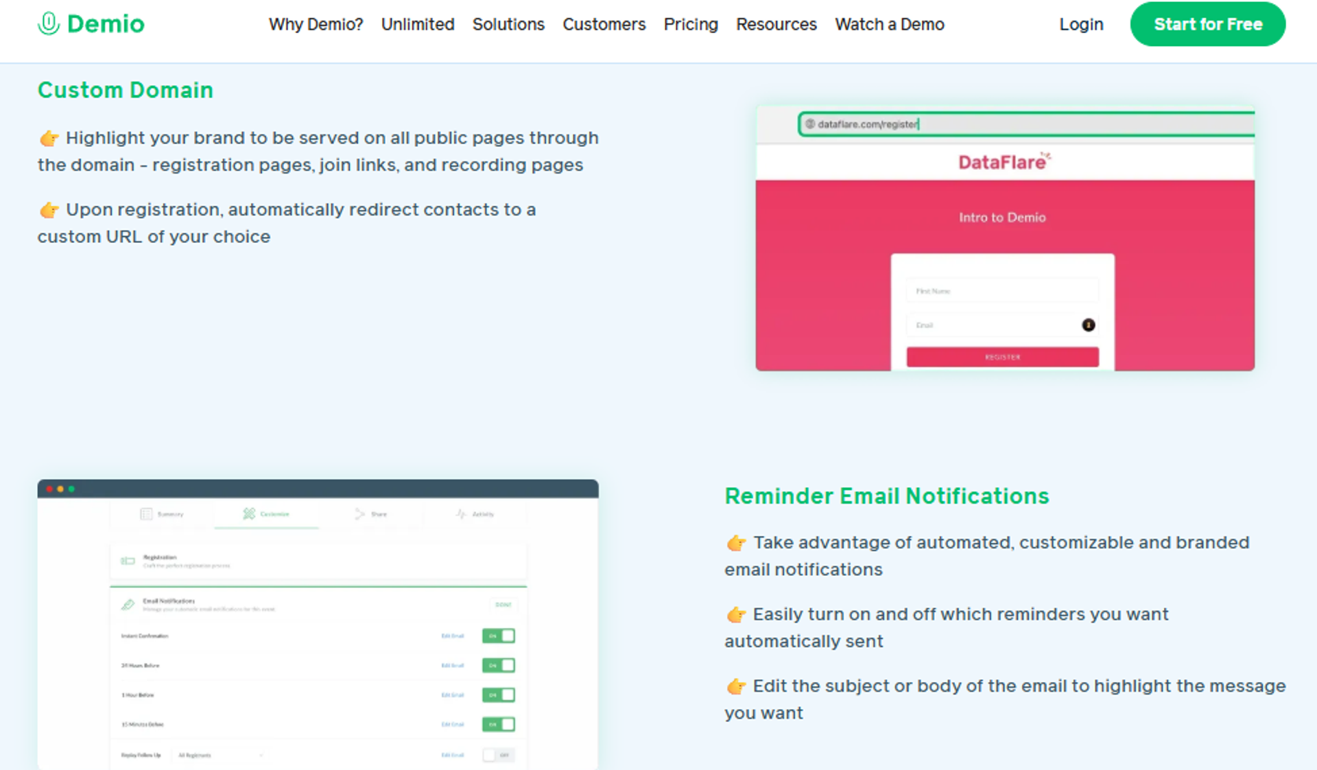 Demio engagement settings showing custom domain branding and automated reminder email notifications to boost webinar show rates