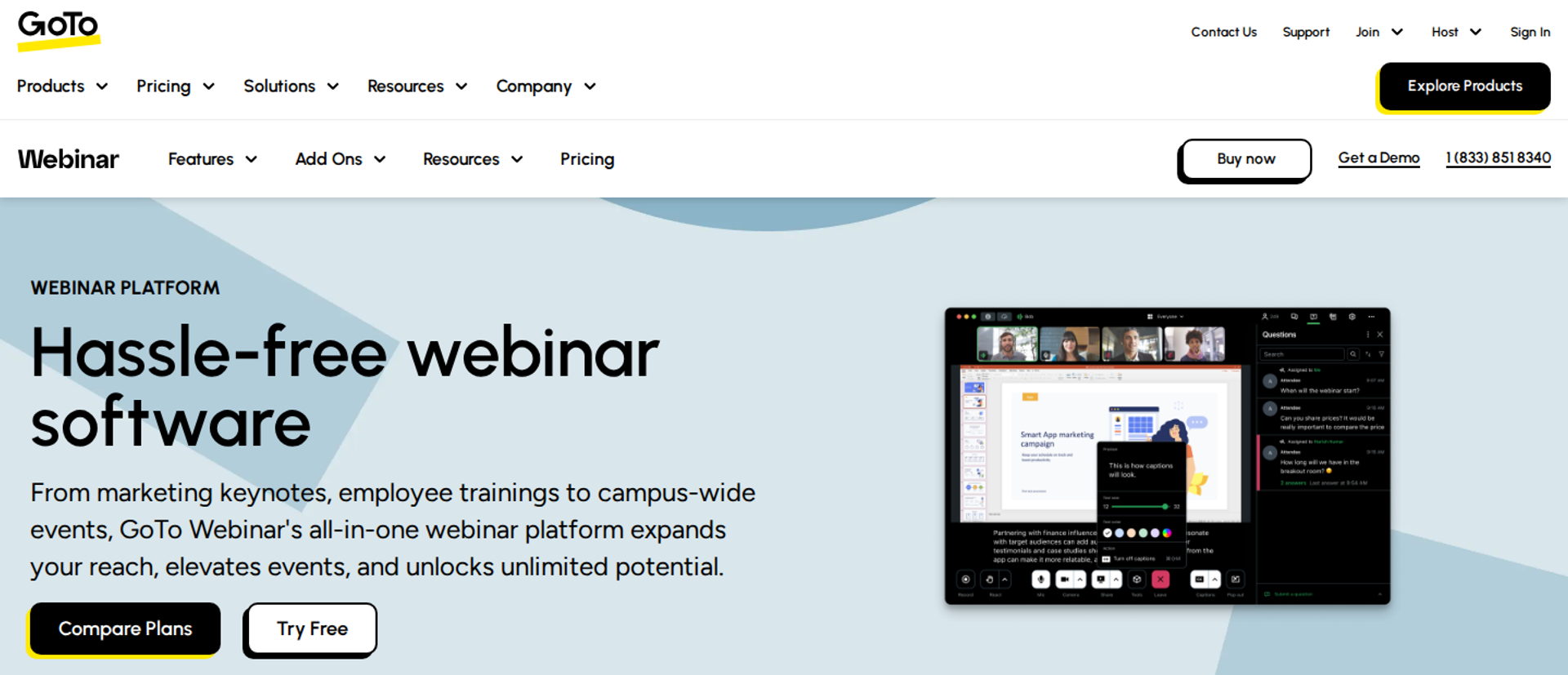 GoTo Webinar page with the headline Hassle-free webinar software beside a webinar room with a questions panel