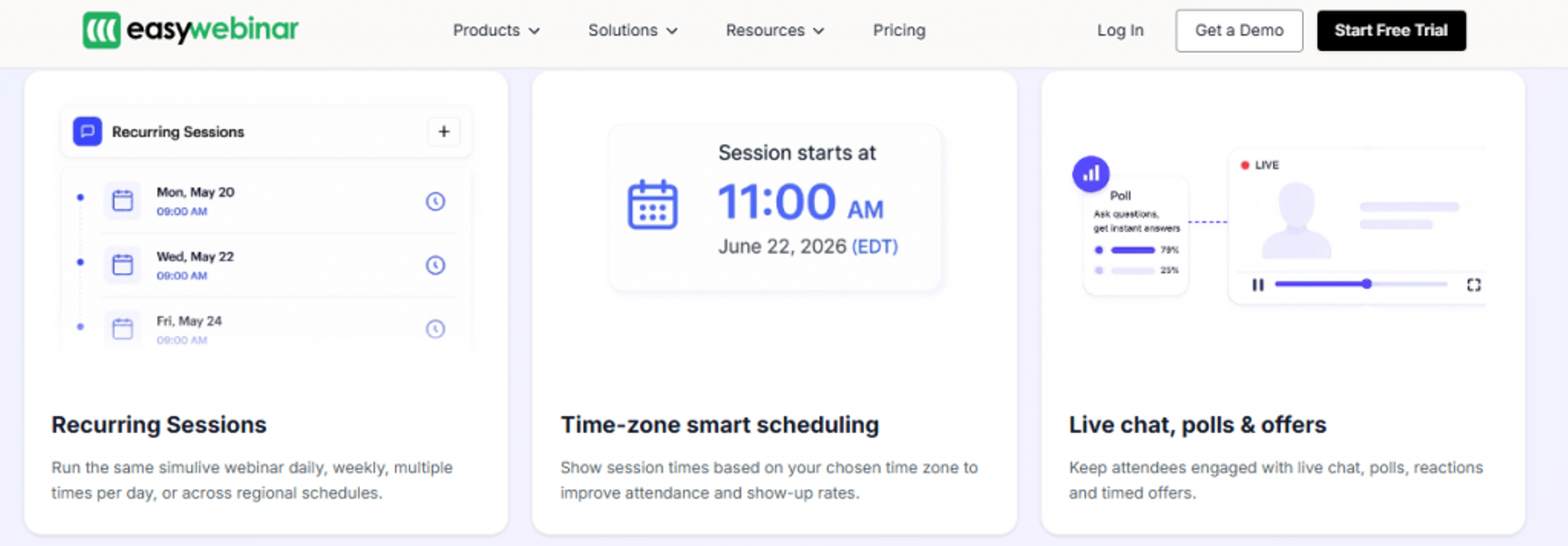 EasyWebinar engagement features showing recurring sessions, timezone-smart scheduling, and live chat, polls, and timed offers