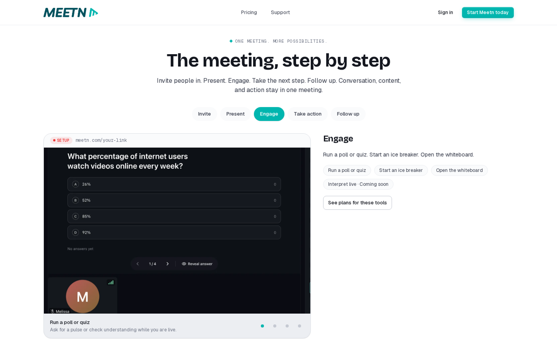 meetn step-by-step section with the Engage tab open on a live poll about weekly online video viewing