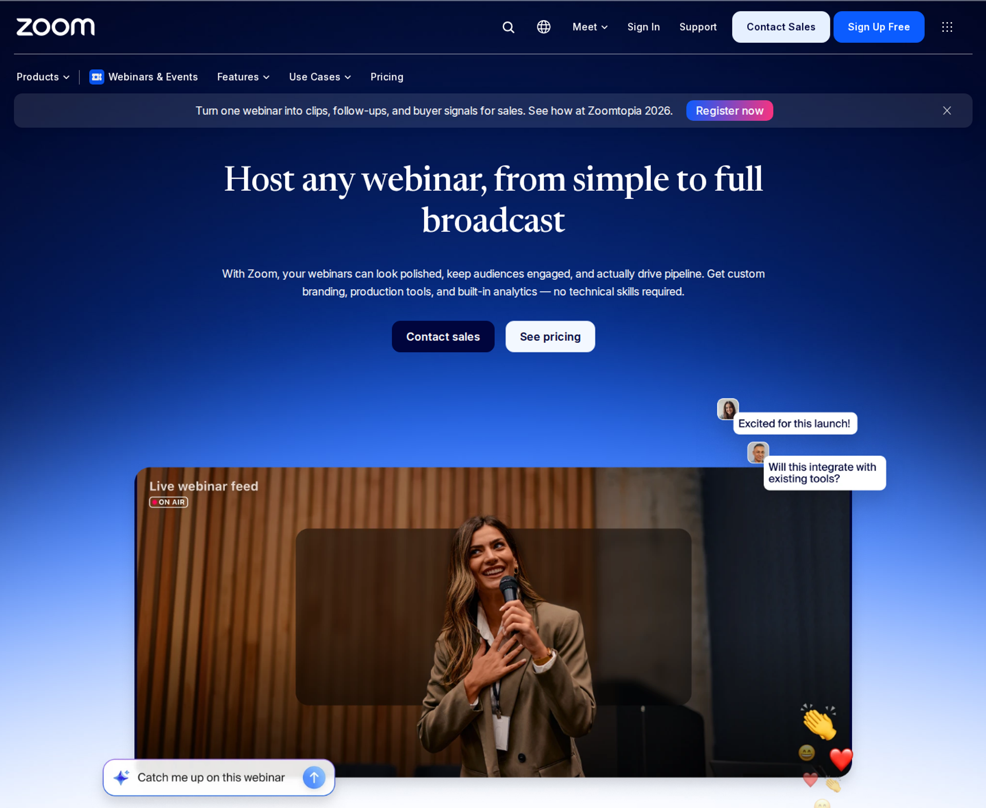 Zoom Webinars page with the headline Host any webinar, from simple to full broadcast above a presenter on stage