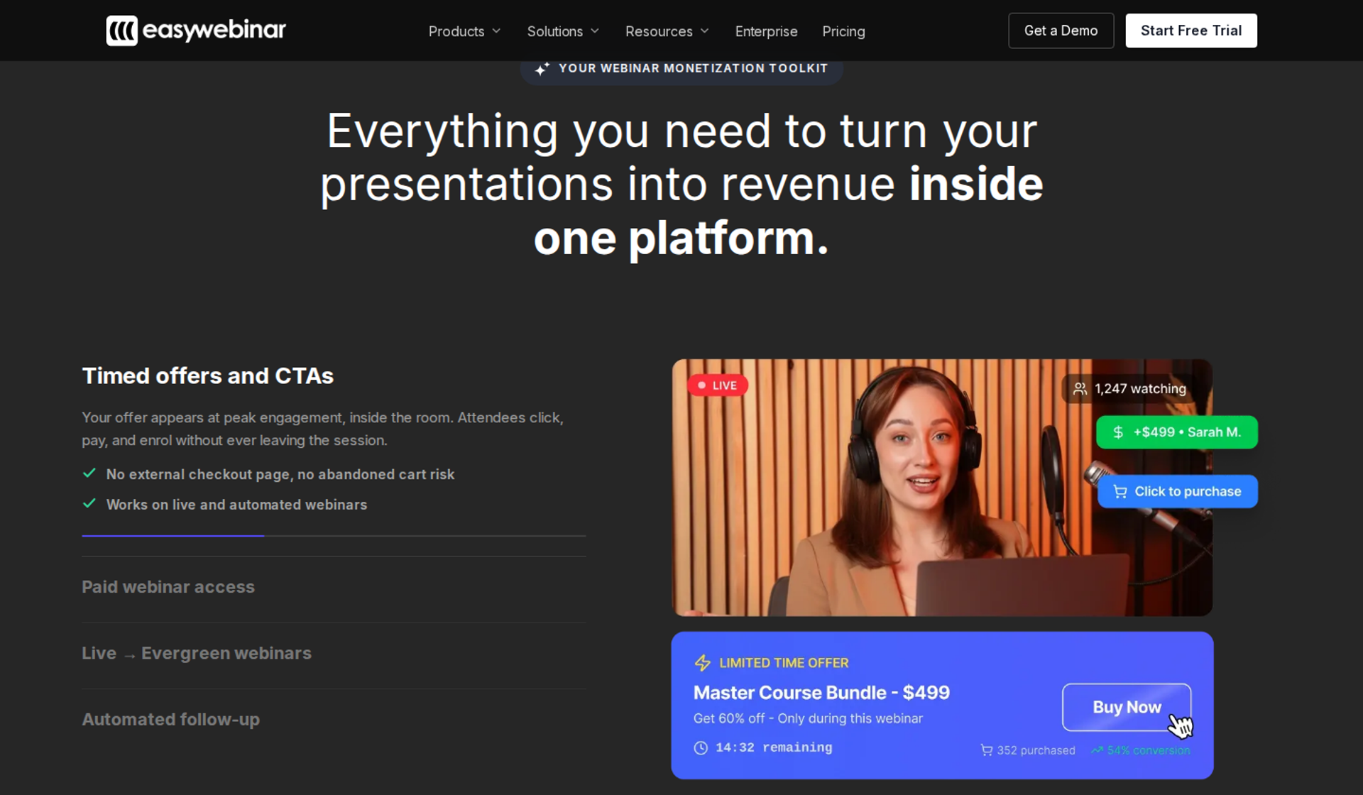 EasyWebinar sell page with timed offers list beside a live webinar showing a Buy Now offer card