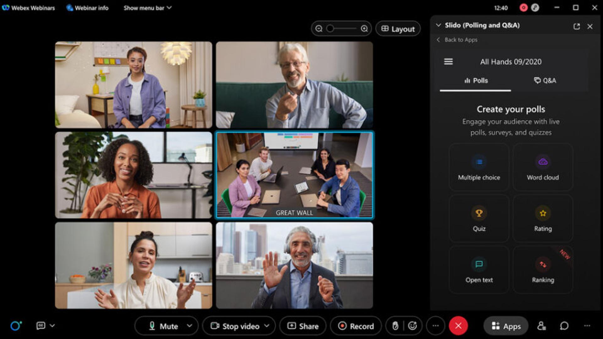Webex Webinars enterprise broadcast console with compliance controls, SSO, and scale to 100,000 regulated attendees.