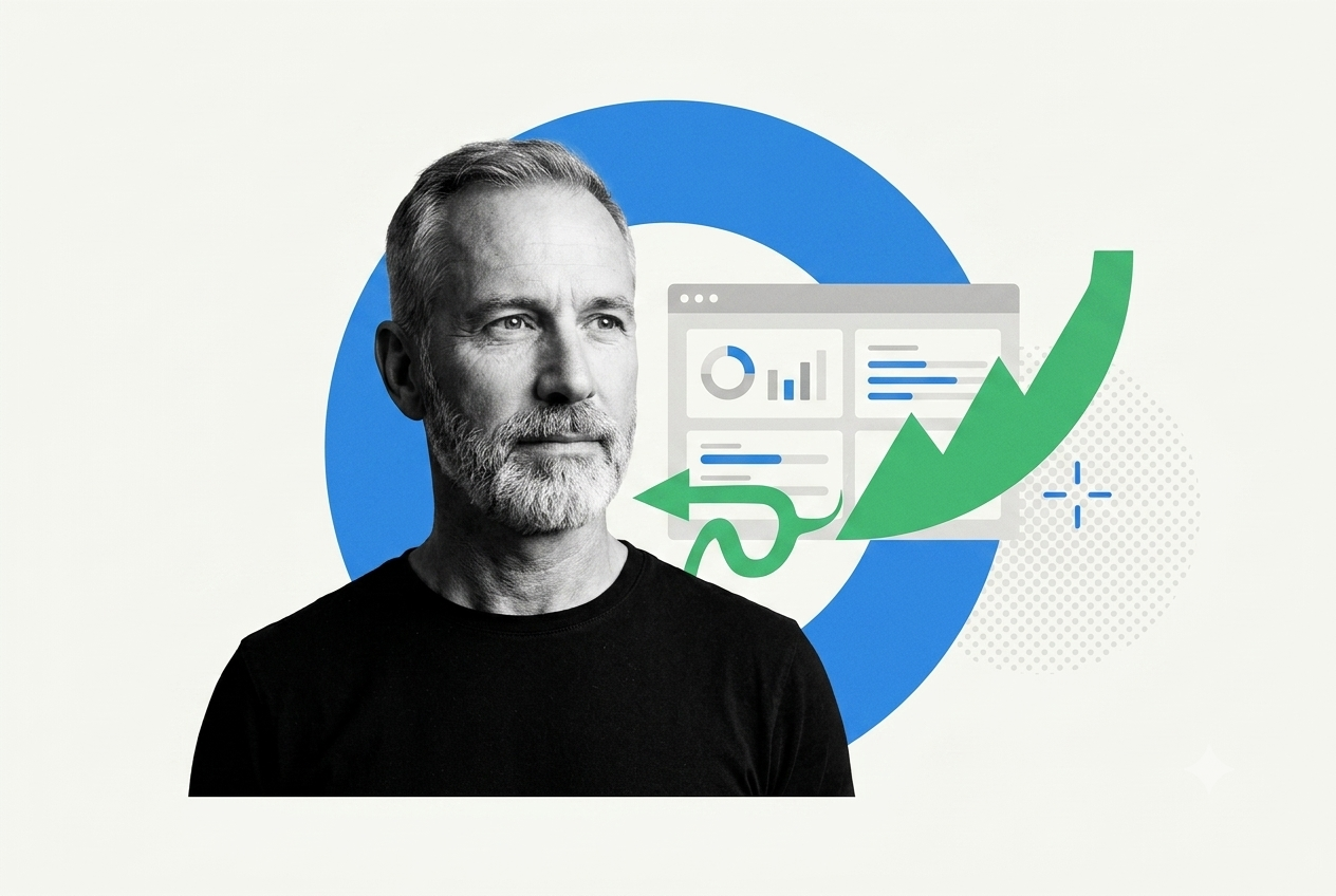 Course creator beside a webinar analytics dashboard with a looping replay arrow and rising growth curve