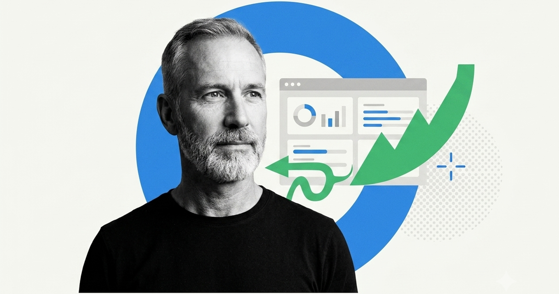 Course creator beside a webinar analytics dashboard with a looping replay arrow and rising growth curve