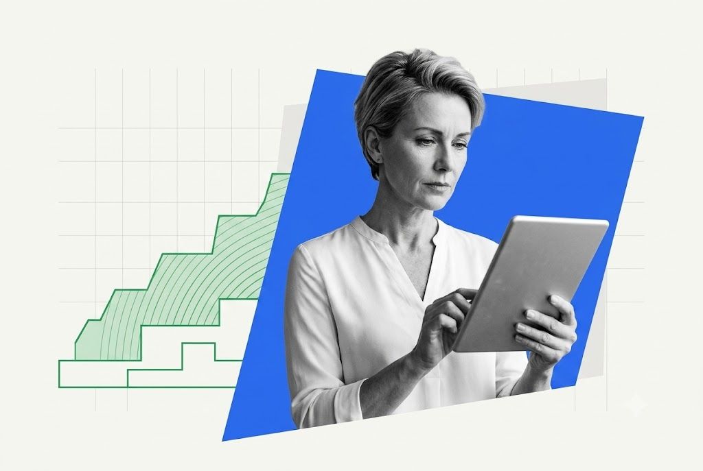 Marketing lead reviewing webinar platform options on a tablet beside a stepped growth chart of pricing tiers