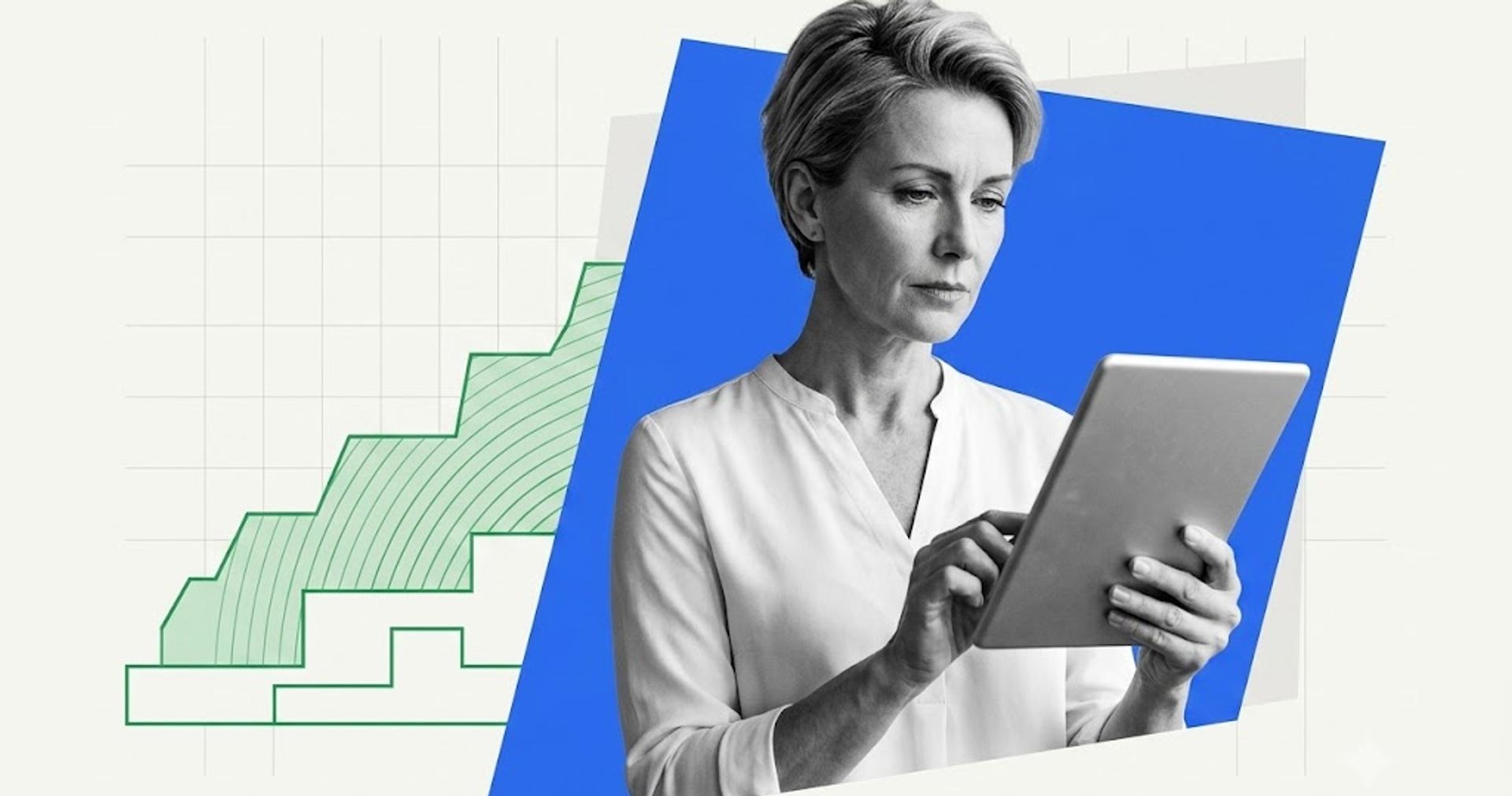 Marketing lead reviewing webinar platform options on a tablet beside a stepped growth chart of pricing tiers