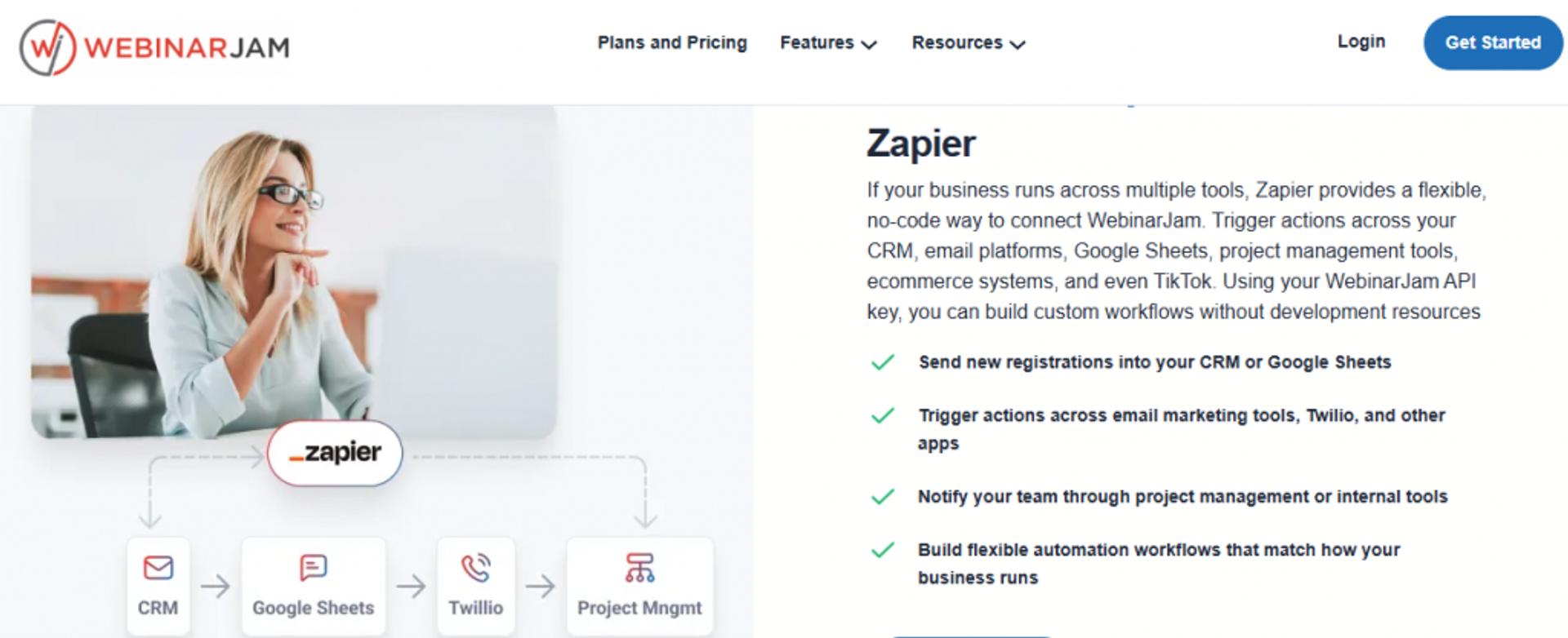 WebinarJam Zapier integration sending webinar registrations into CRM, Google Sheets, Twilio, and project management tools