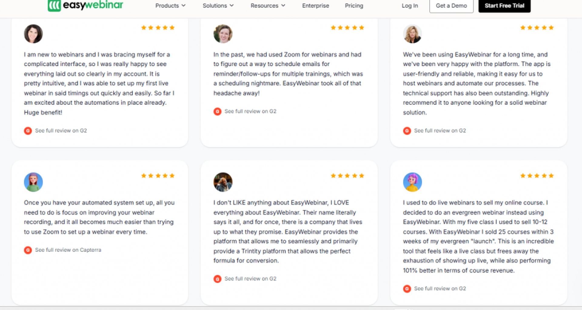 EasyWebinar five-star G2 testimonial grid praising easy setup, automation, and evergreen webinar sales