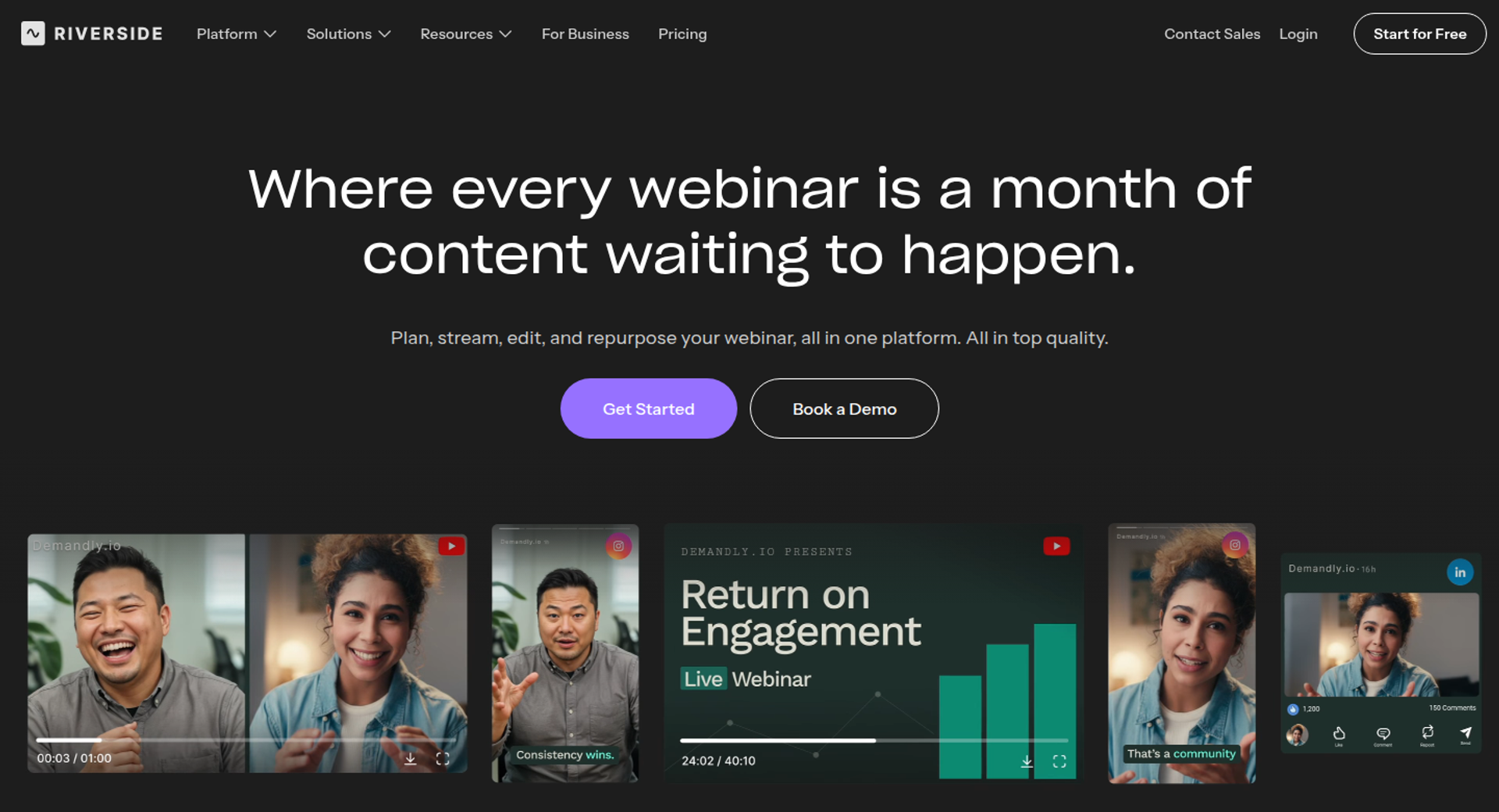 Riverside webinars page headline above a strip of webinar recordings, including a Return on Engagement live webinar
