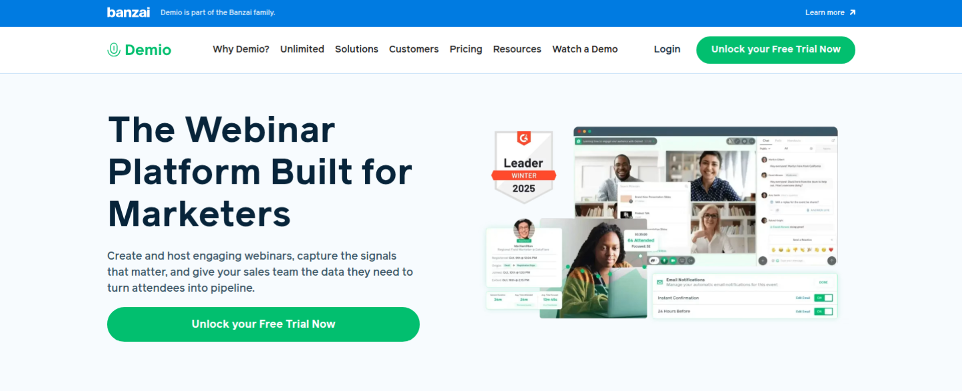 Demio homepage with Webinar Platform Built for Marketers headline beside a webinar room and email settings