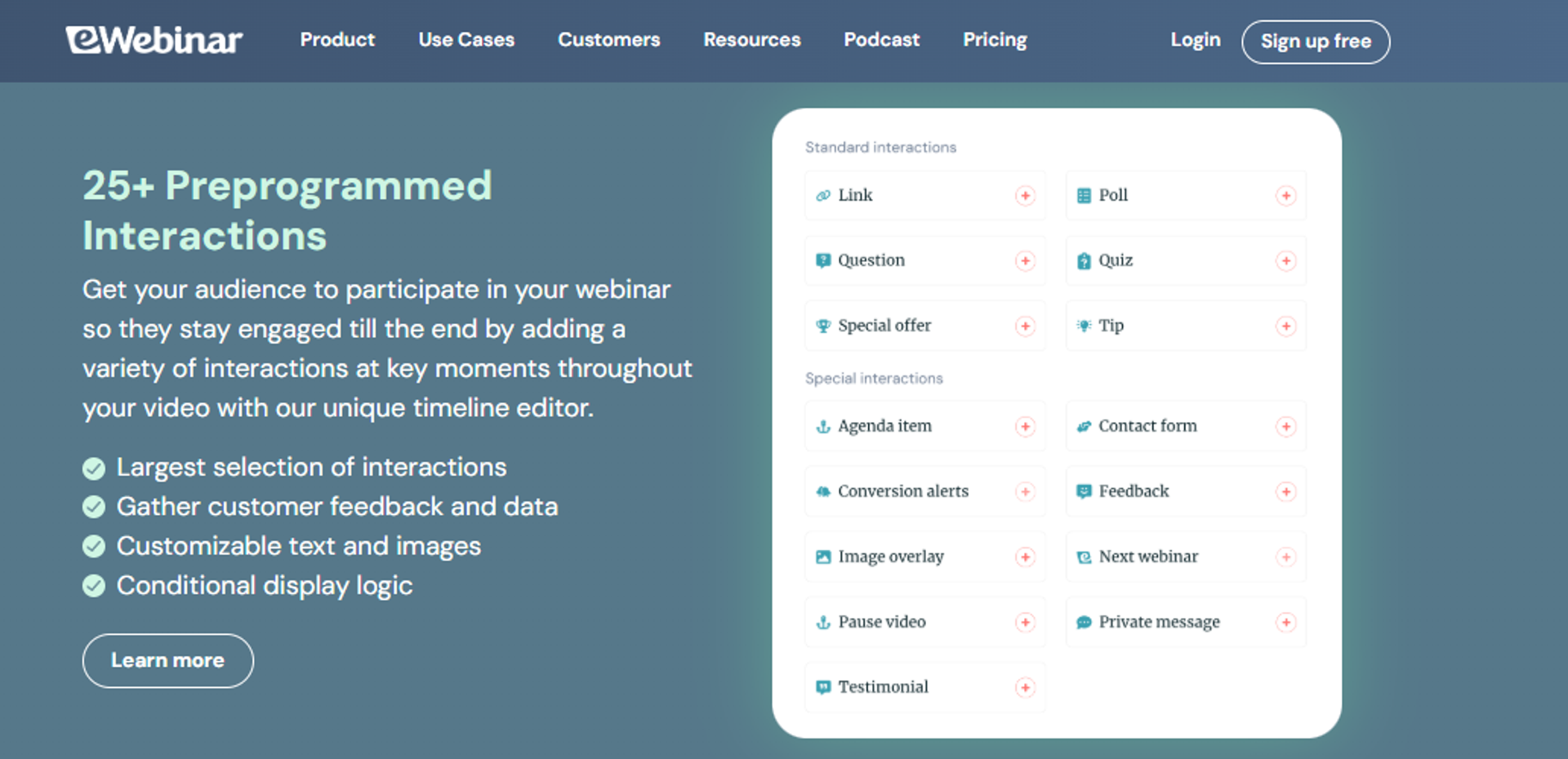 eWebinar interaction library showing polls, quizzes, special offers, and conversion alerts on a timeline editor