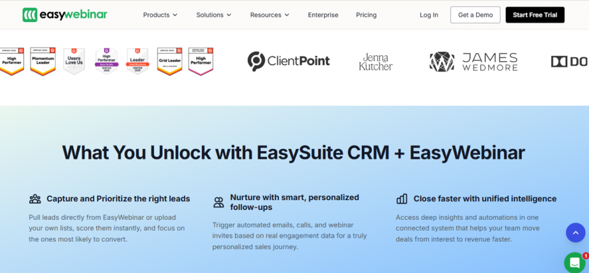 EasyWebinar EasySuite CRM features for lead scoring, automated follow-ups, and unified webinar revenue intelligence