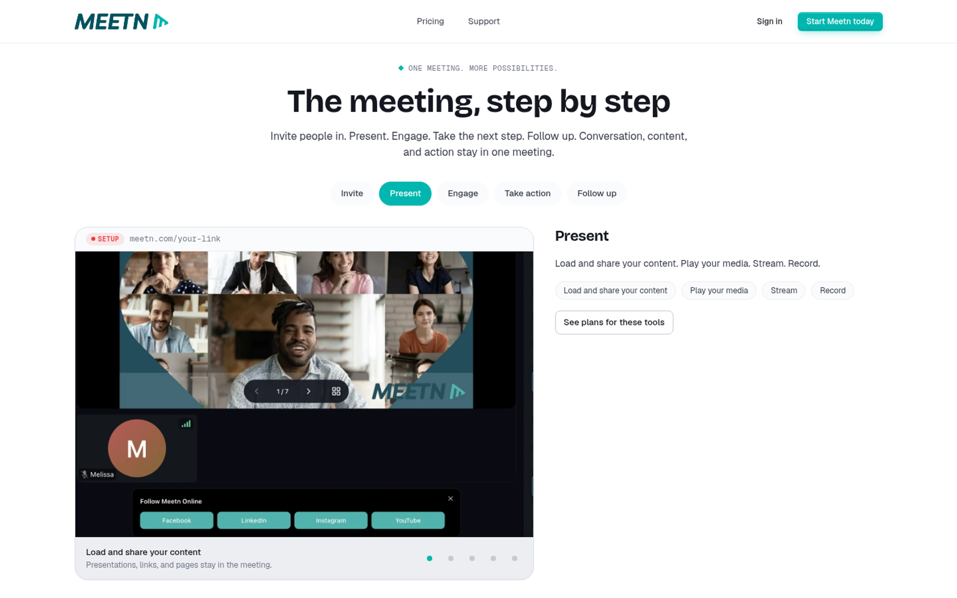 meetn Present tab showing a presentation room with webinar slides on the left and Present feature text on the right