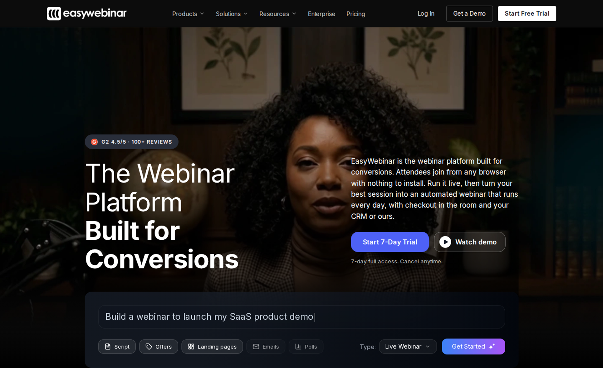 EasyWebinar homepage with the headline "The Webinar Platform Built for Conversions" and an AI webinar builder prompt bar
