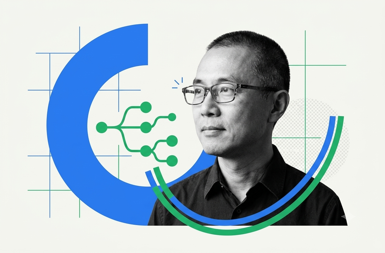 Editorial portrait of an operator beside a branching automation node diagram and blue arc on a light grid background