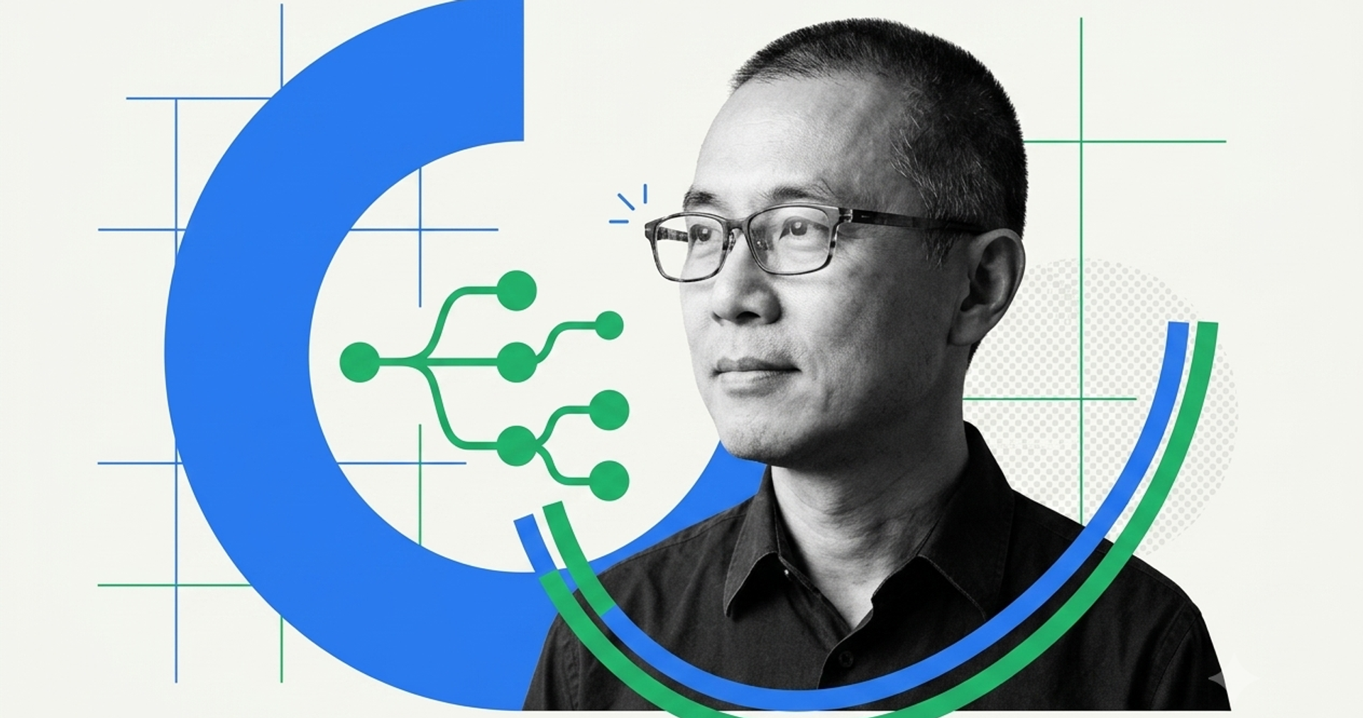 Editorial portrait of an operator beside a branching automation node diagram and blue arc on a light grid background