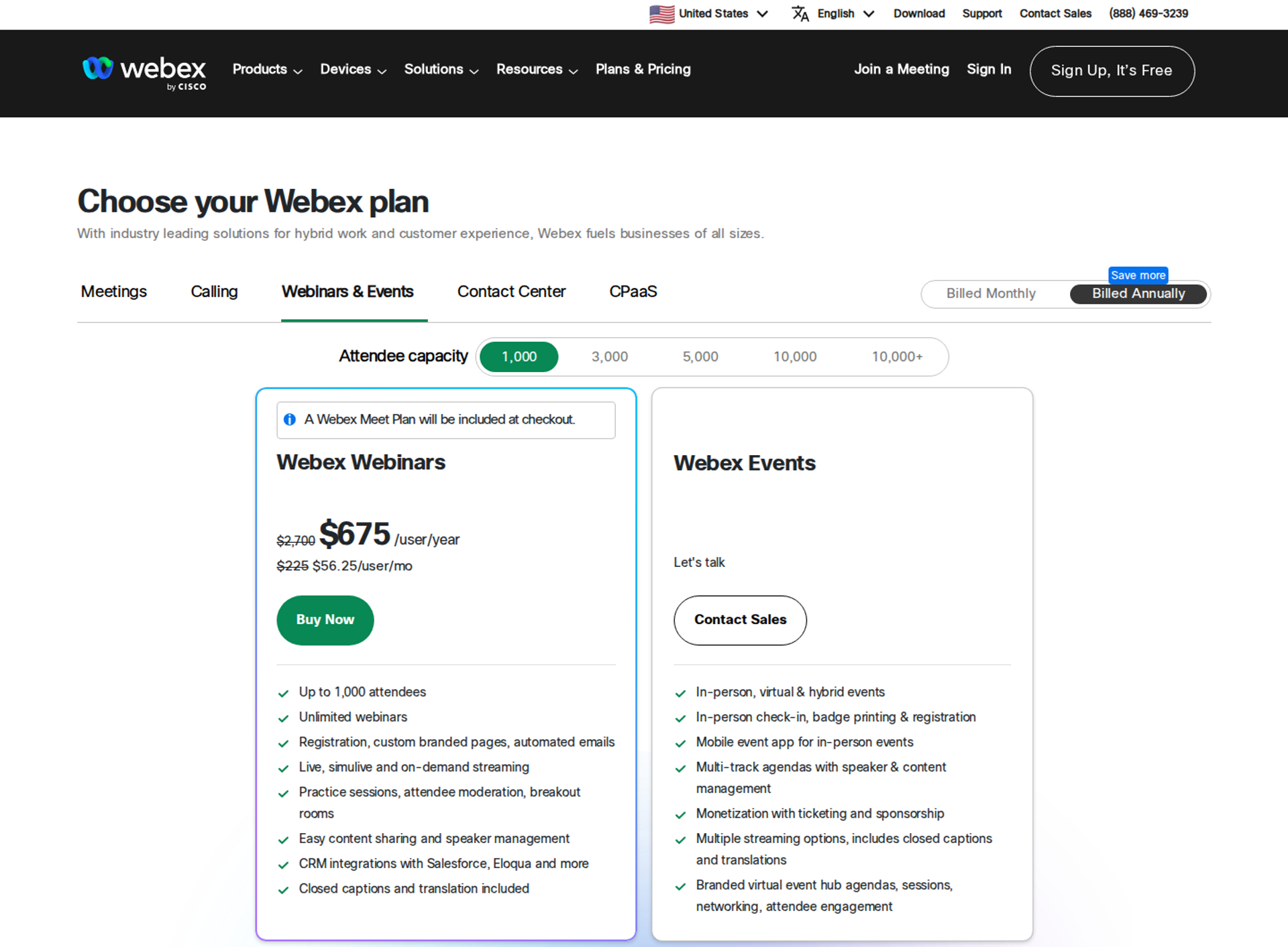 Webex pricing page with attendee capacity selector from 1,000 to 10,000+ and Webex Webinars and Events plan cards