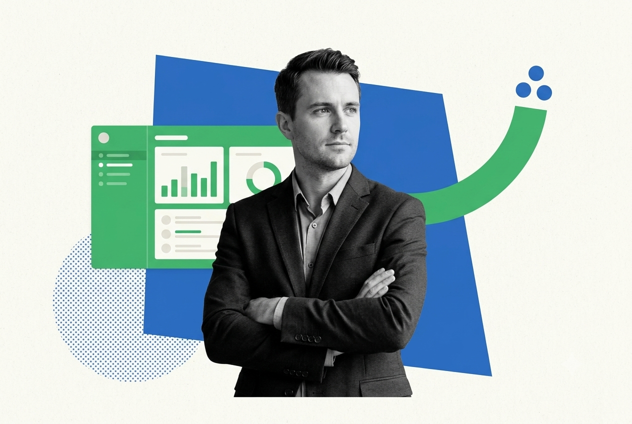 Sales leader beside a webinar analytics dashboard showing attendance curve, conversion chart and timed offer CTA