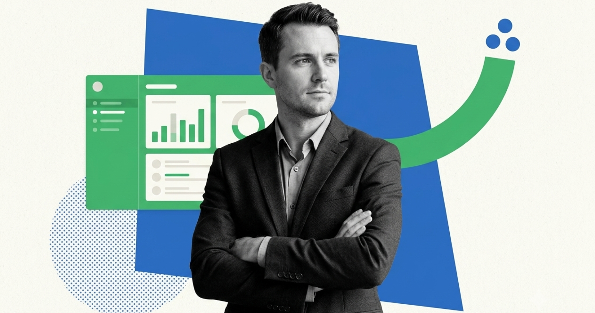 Sales leader beside a webinar analytics dashboard showing attendance curve, conversion chart and timed offer CTA
