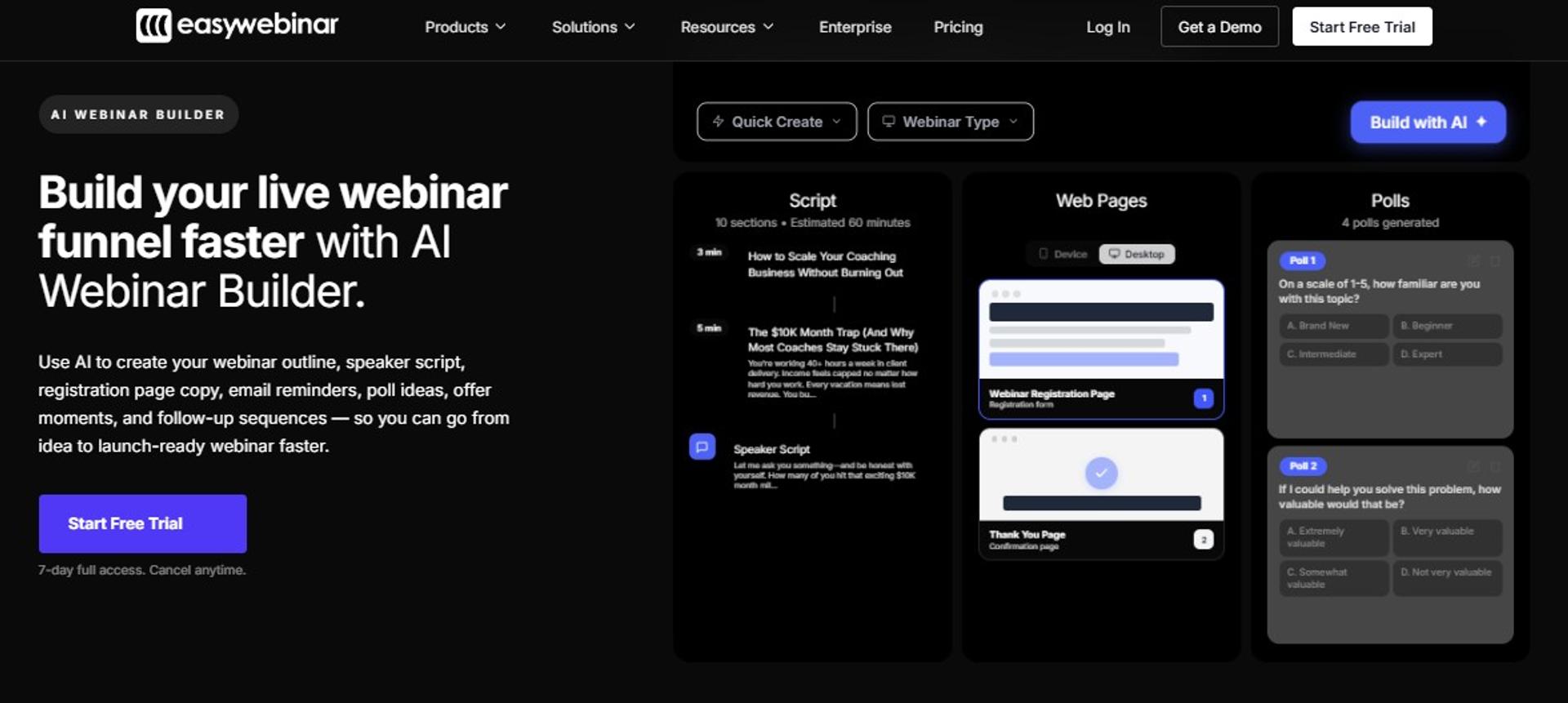 EasyWebinar AI Webinar Builder generating speaker script, registration pages, and polls for a live webinar funnel