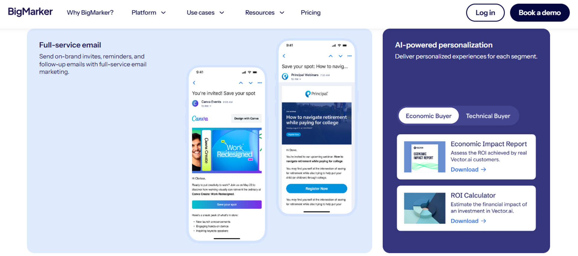 BigMarker interface showing full-service email marketing and AI-powered personalization