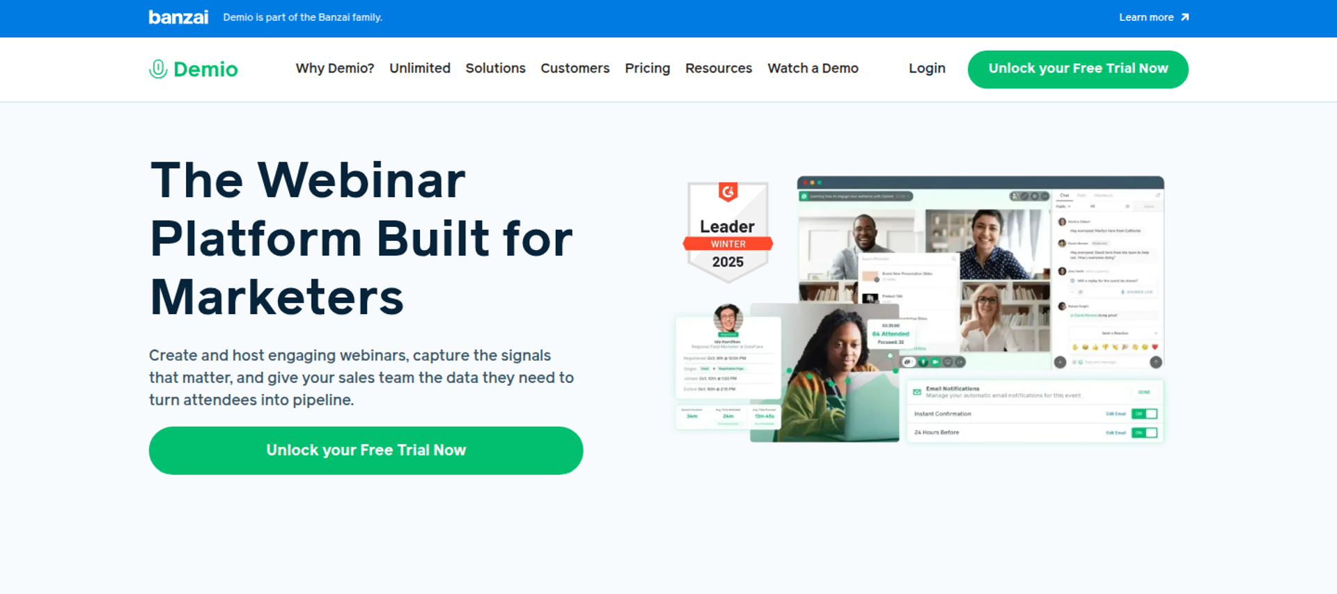 Demio homepage hero with the headline The Webinar Platform Built for Marketers and a product screen with a G2 Leader badge