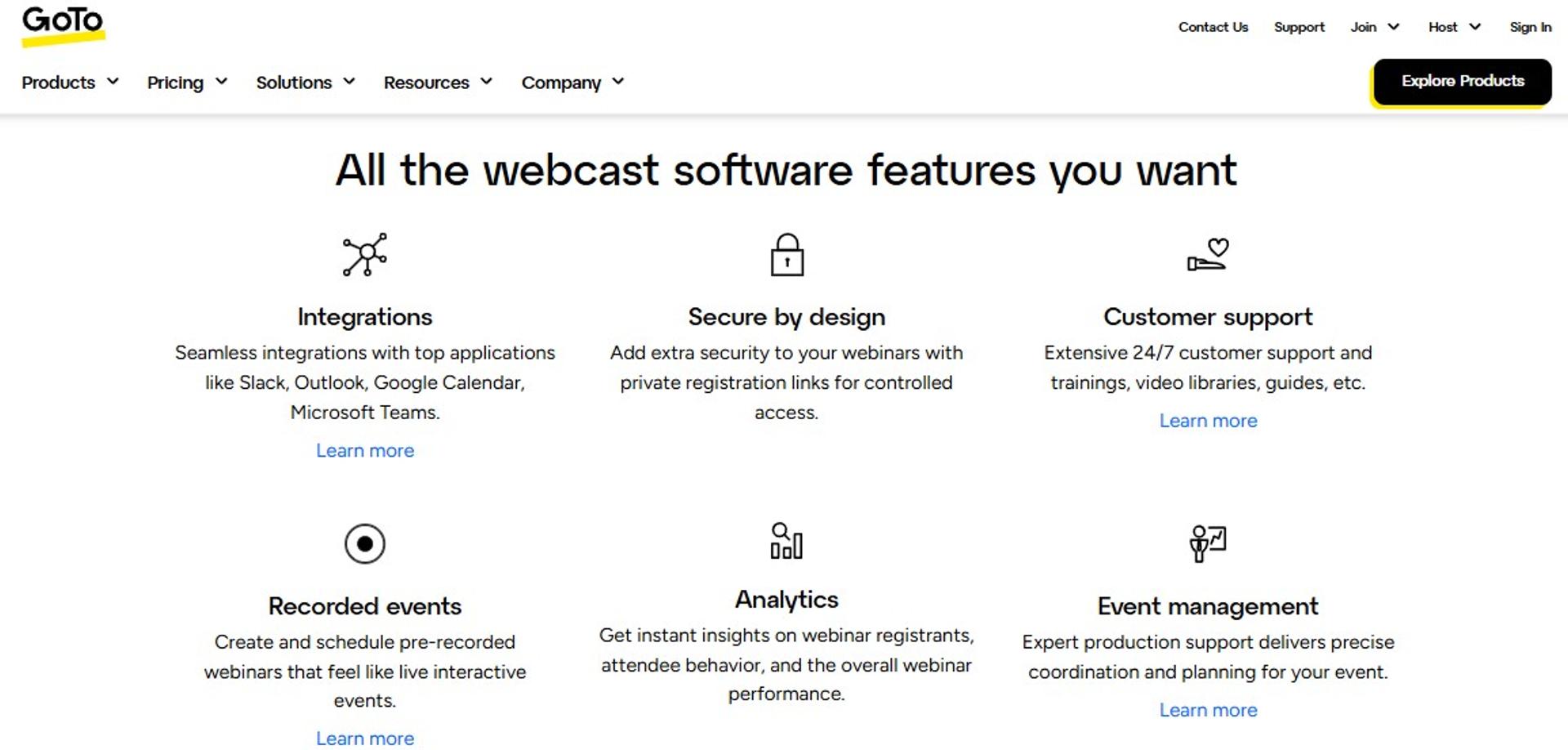 GoTo webcast feature grid showing recorded events, analytics, integrations, and secure registration links
