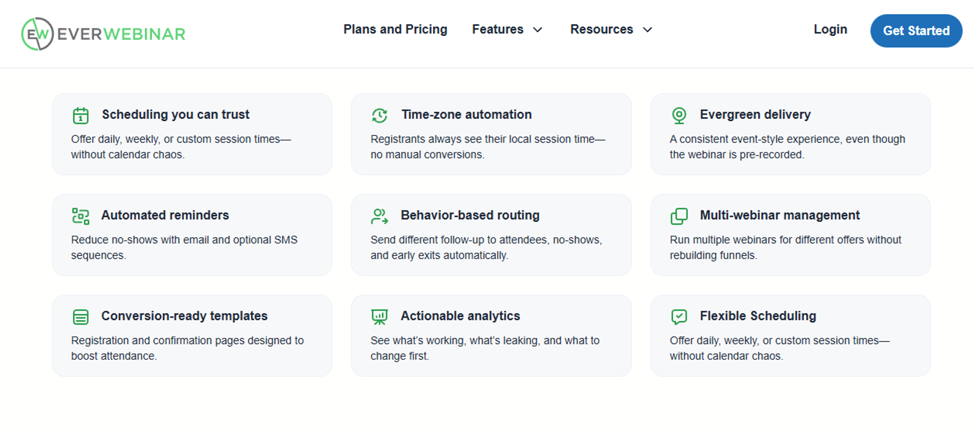 EverWebinar feature grid covering time-zone automation, evergreen delivery, and behavior-based routing