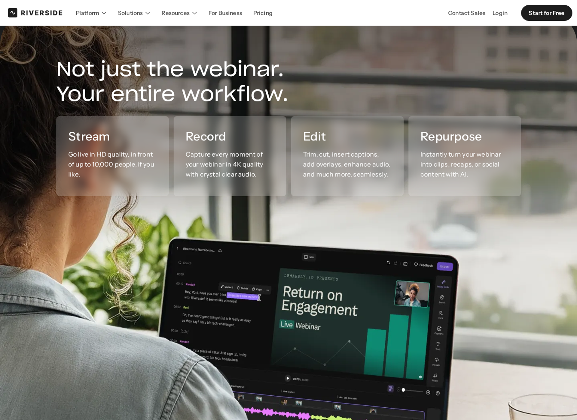 Riverside webinar page with Stream, Record, Edit, and Repurpose cards and a laptop showing Return on Engagement
