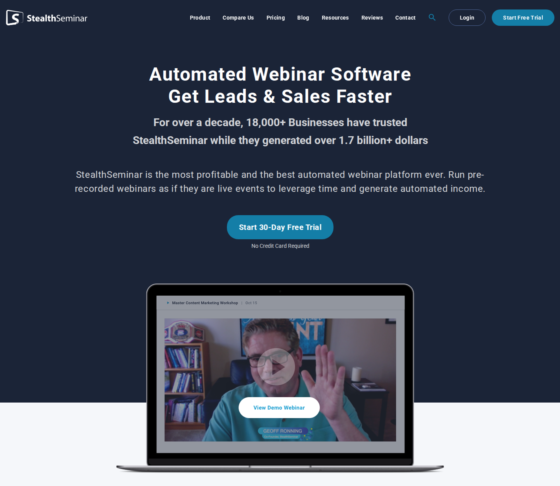 StealthSeminar homepage headline Automated Webinar Software above a laptop playing a demo webinar